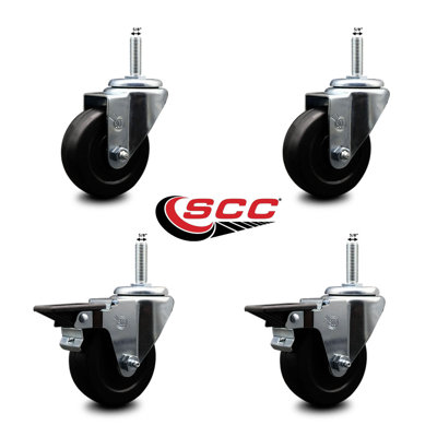 3.5 Inch_Soft Rubber Wheel Swivel 5/8 Inch Threaded Stem Caster Set 2 Brakes SCC