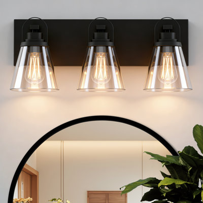 Bathroom Light Fixtures, 3-Light Matte Black Vanity Light Over Mirror, 21" Modern Wall Sconces With Flared Clear Glass Shade, Bathroom Wall Lights For Mirror Kitchen Bedroom Hallway