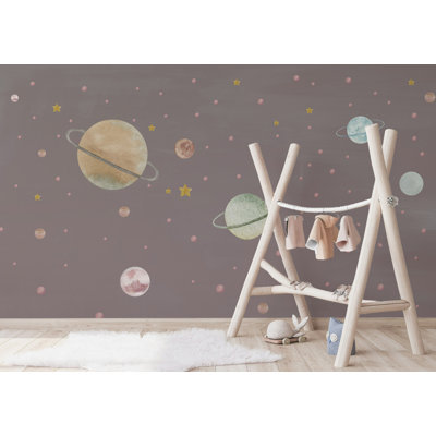 Papier peint pastel avec planètes et étoiles pour enfants