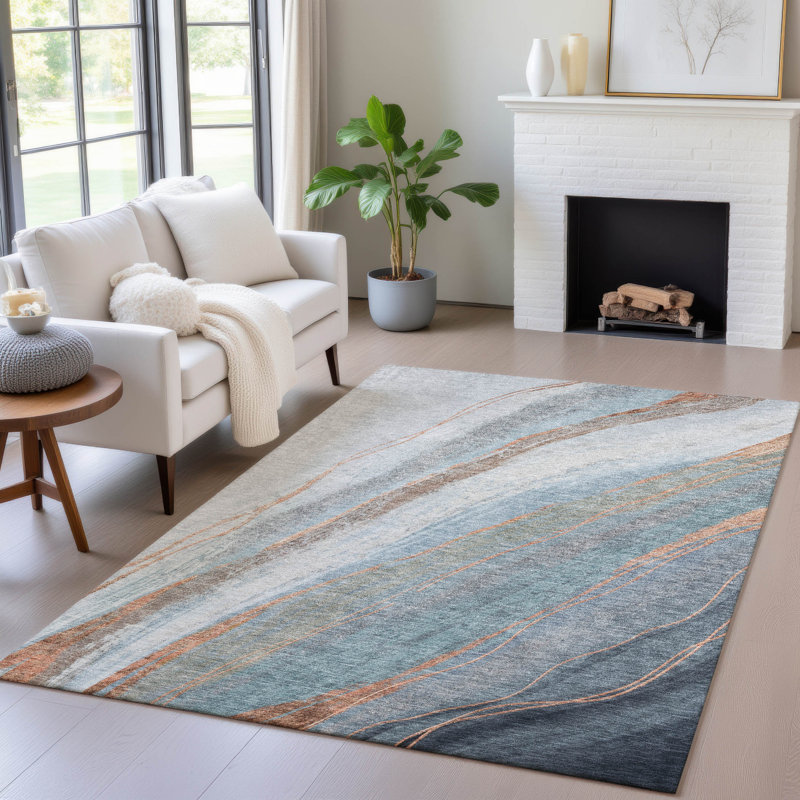 Tapis bleu intérieur / extérieur lavable à la machine Xhevrie, Rectangle 10 pi x 14 pi