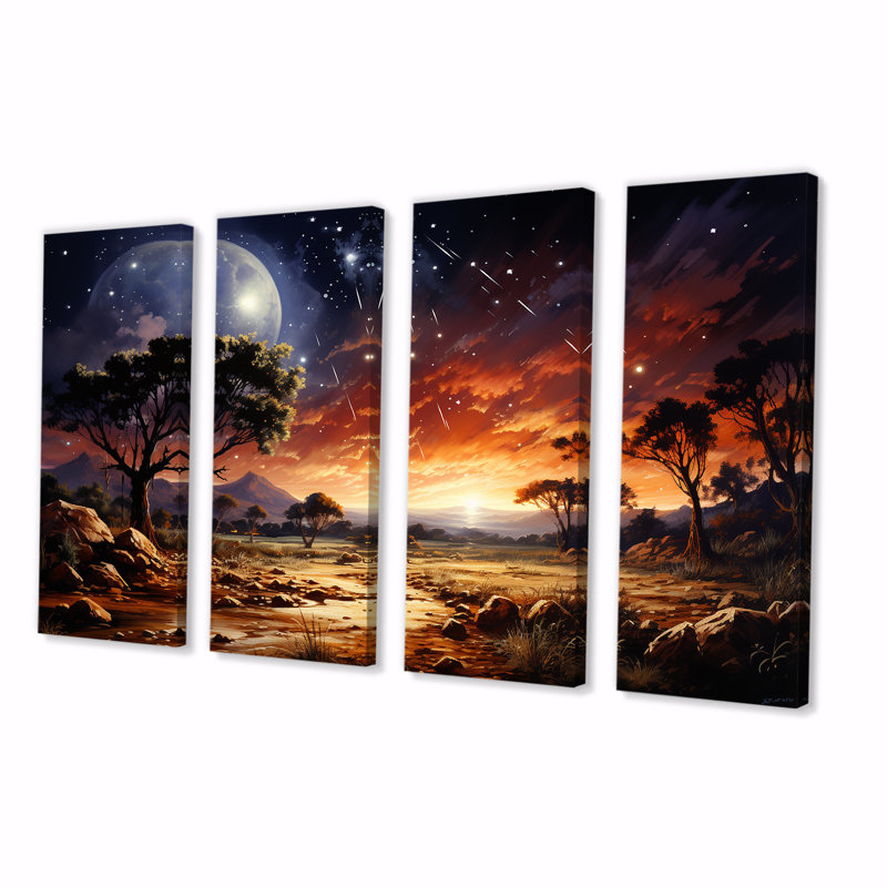 Futur cosmique, lever de soleil sur l'Afrique, ensemble d'art mural 4 pièces Planètes, H 32 po x l 64 po