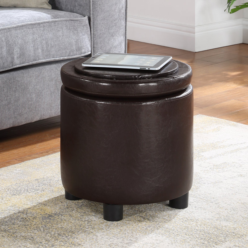 Repose-pieds de rangement rond en similicuir de 15,75 po avec couvercle réversible Ahl Arsy, Similicuir espresso