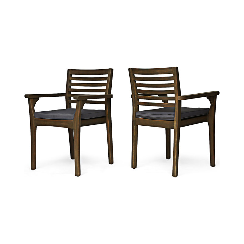 Chaise de salle à manger d'extérieur en bois (ensemble de 2), Coussin gris foncé/cadre gris