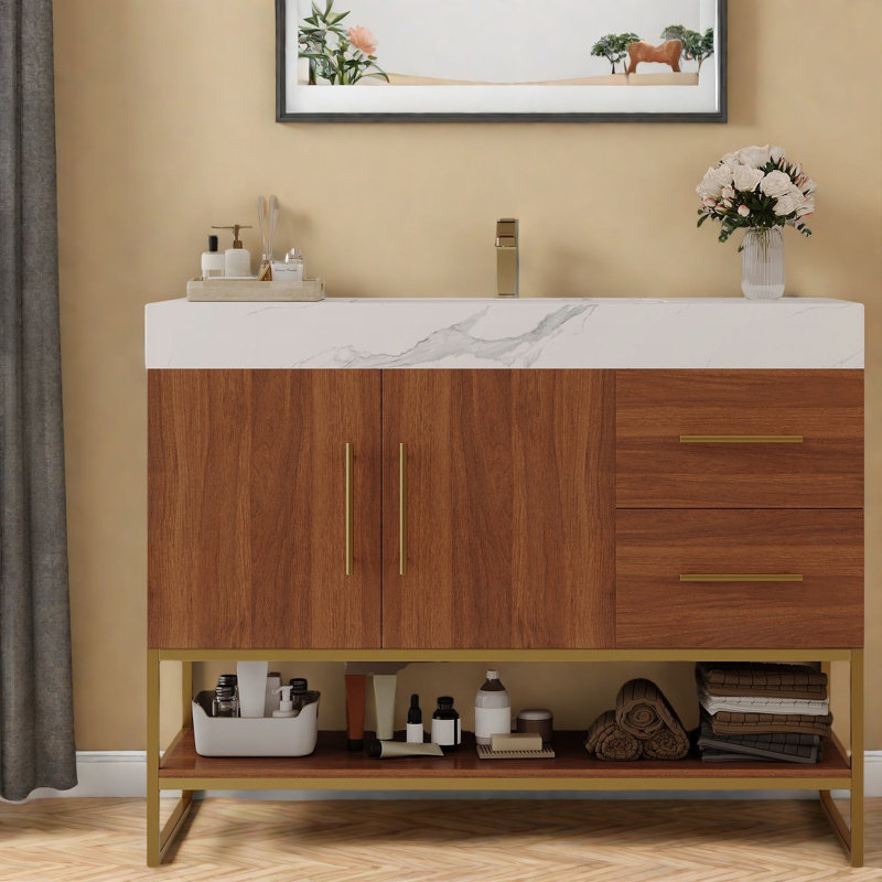 Meuble-lavabo autoportant moderne avec rangement, céramique, finition noyer doré