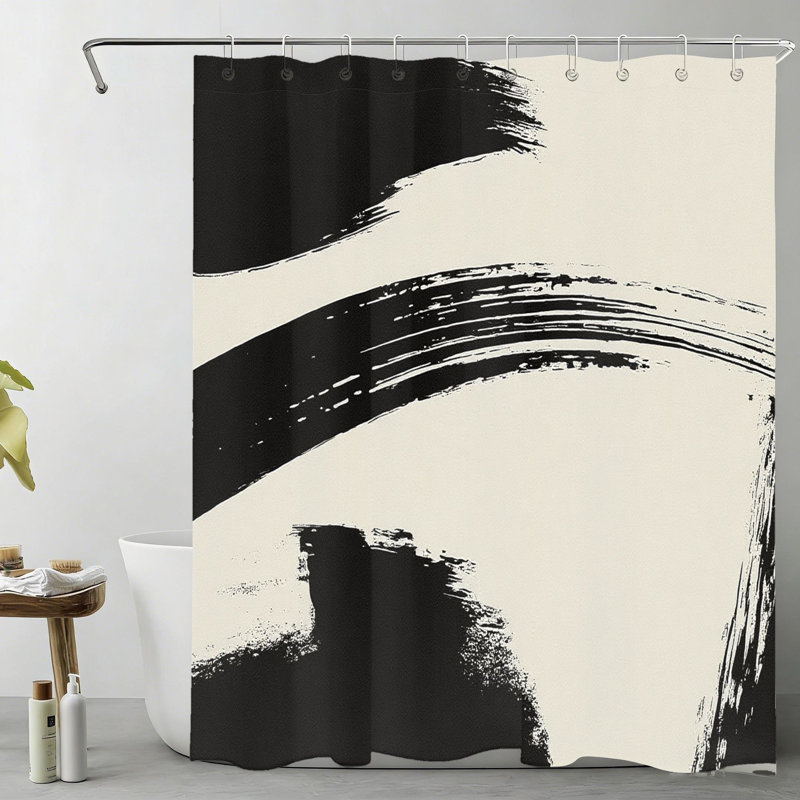 Rideau de bain abstrait Brushstroke 72 x 72 pouces (180 x 180 cm) avec crochets, noir, Black Abstract 2