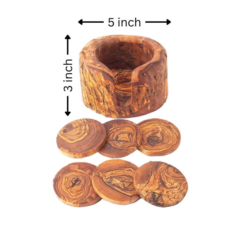 Ensemble de sous-verres de cuisine en bois d'olivier fabriqué à la main avec support - Comprend 6 sous-verres ronds et un support polyvalent