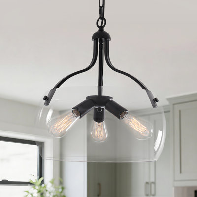 3-Light  Industrial Drum Chandelier With Clear Glass Shade