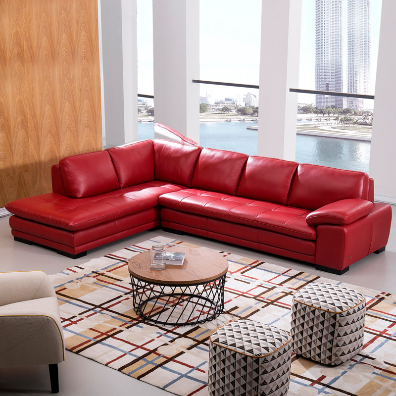 126" Wide Leather Match Sofa & Chaise, Left Hand Facing, Ruby Leather