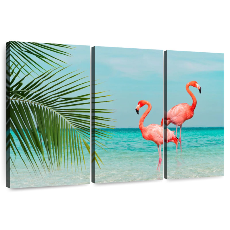 Flamingos And Coconut Leaves, 32" H x 50" W