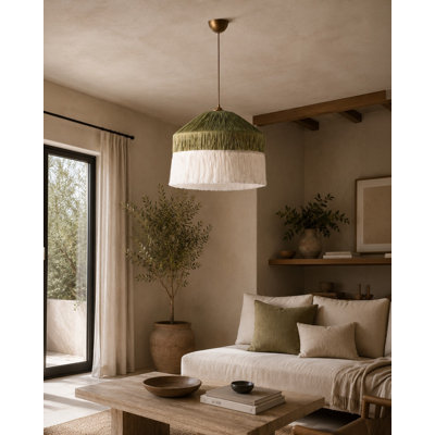 Elegant Adjustable Chandelier, Green & Cream Colors, Ø15.7 x 13.8 inches | Durable Plastic Body & Macrame-Rafia Cap | Height Adjustable from 13.8 to 27.6 inches | Max 40W E27 Socket, Ideal for Home & Dining Spaces