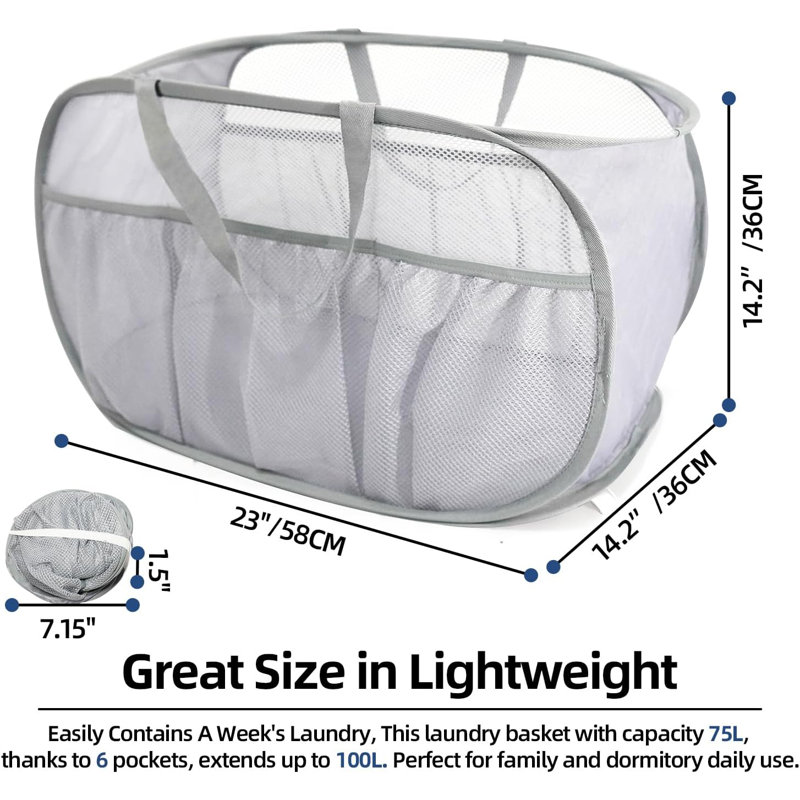 90L Pop-Up Collapsible Laundry Hamper with 6 Pockets, Foldable Steel Frame Storage Basket for Dorm Bedroom Beach Travel