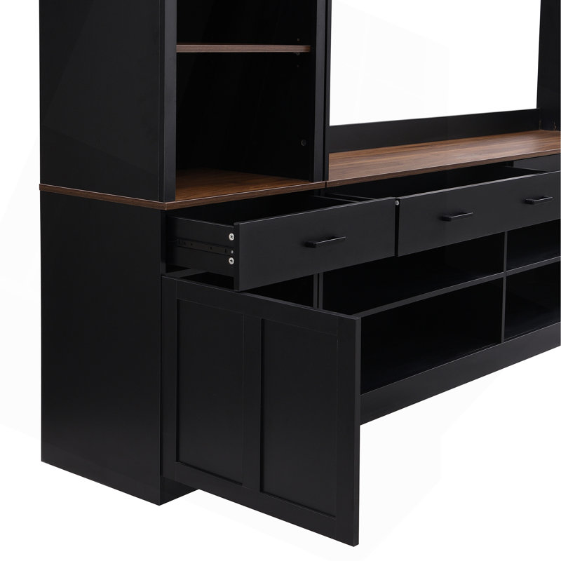 Ensemble de meuble audio-vidéo Farmhouse 4 pièces avec bibliothèque pour téléviseur de 70 po ou moins, meuble télé en noyer avec tablettes réglables, grande console média Mid-Century avec support à vin pour le salon