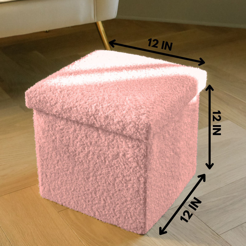 Go-Poufs Knock-Down Small Cube Teddy Boucle Storage Ottoman | 12"x12"x12" |, Pink Cotton Blend