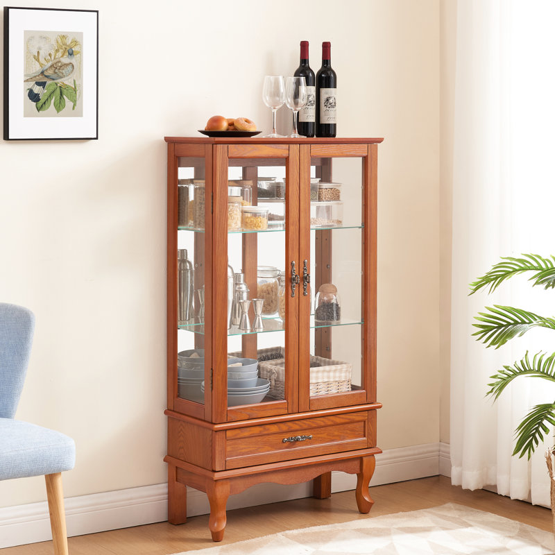 Vitrine en chêne avec tablettes réglables - 2 portes, 1 tiroir élégant en verre et finition chêne, Chêne