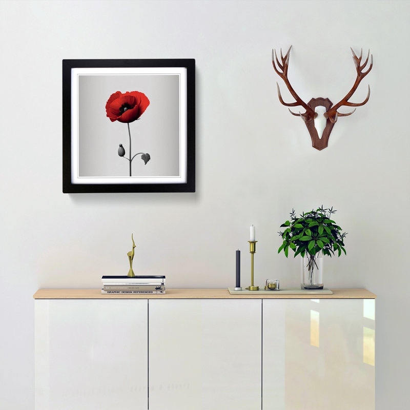 Poppy Flower Minimalism - Single Picture Frame Print on Wood, Black
