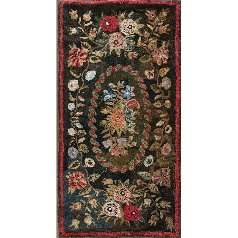 Antique Wool &amp; Cotton Brown Earth Tone Hooked - Loop Pile Rug