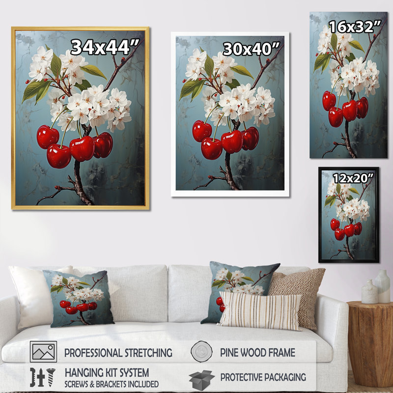 «Chuckling Cherry Charm II - Fruit», art mural salon_105730, Cadre flottant noir, H 40 po x l 30 po x P 1,5 po