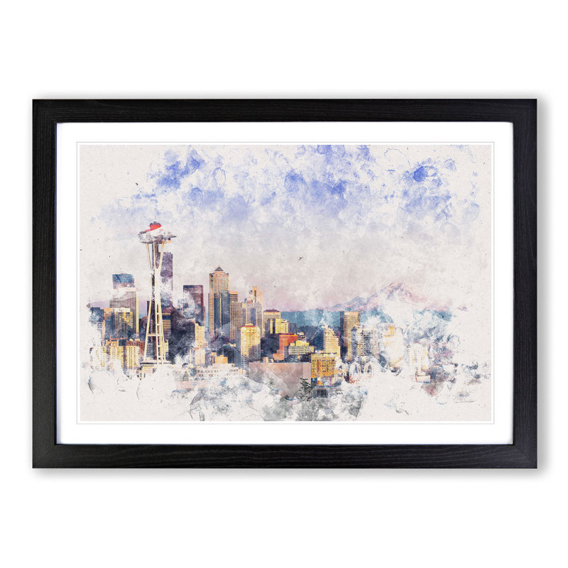Seattle Skyline - Picture Frame Painting Print, 24cm H x 33cm W x 2cm D, Black Framed