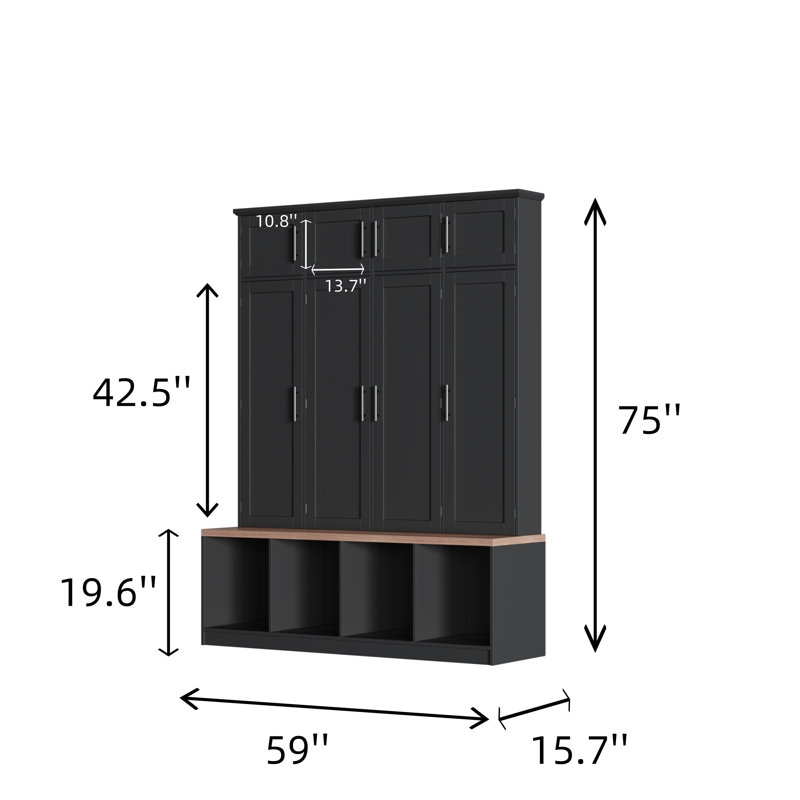 Trendy Farmhouse Coat Rack With 4 Hidden Hooks, Multifunctional Entry Shoe Cabinet With 8 Doors, Coat Rack With Open Compartment For Living Room