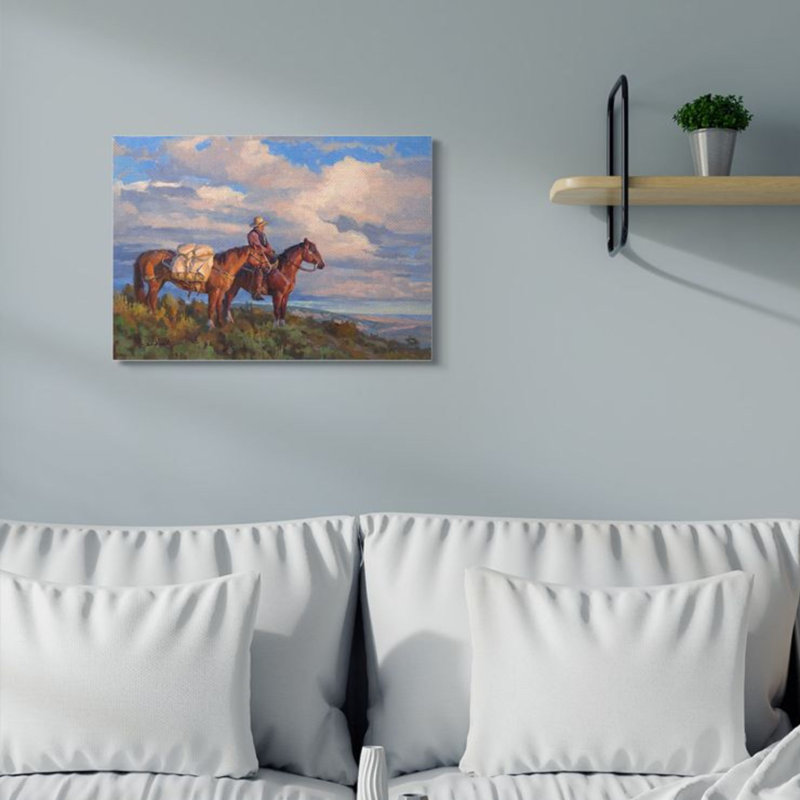«Cowboy with Horses Countryside Hill Top» par Chad Poppleton - reproduction d'art, Toile tendue, H 40 po x l 30 po