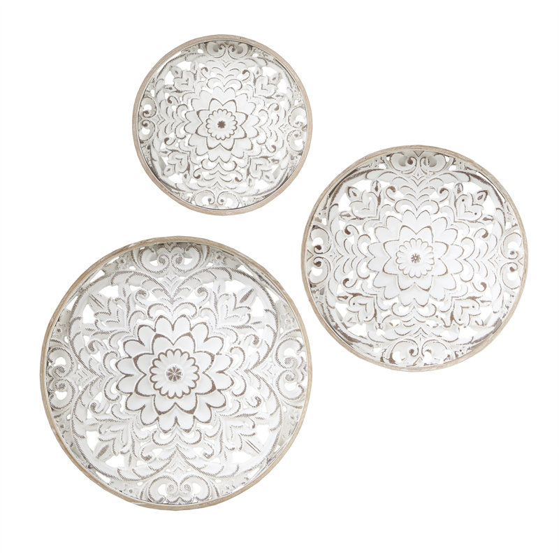 Medallion Trio Distressed White Floral 3-Piece Carved Wood Wall Décor Set
