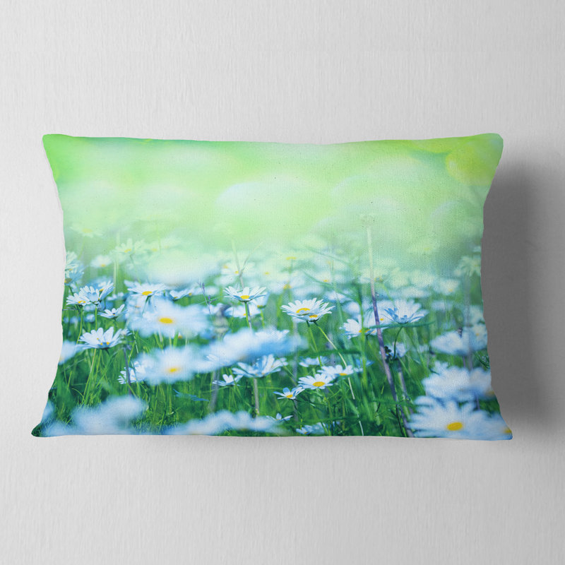 Fleurs de camomille sur fond vert - Coussin décoratif à imprimé floral