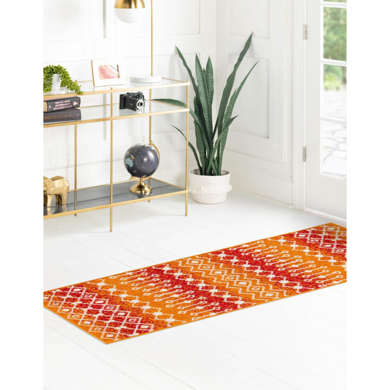 Tapis orange / rouge en polypropylène tissé à la machine Briehn, Tapis de couloir de 2 pi x 7 pi