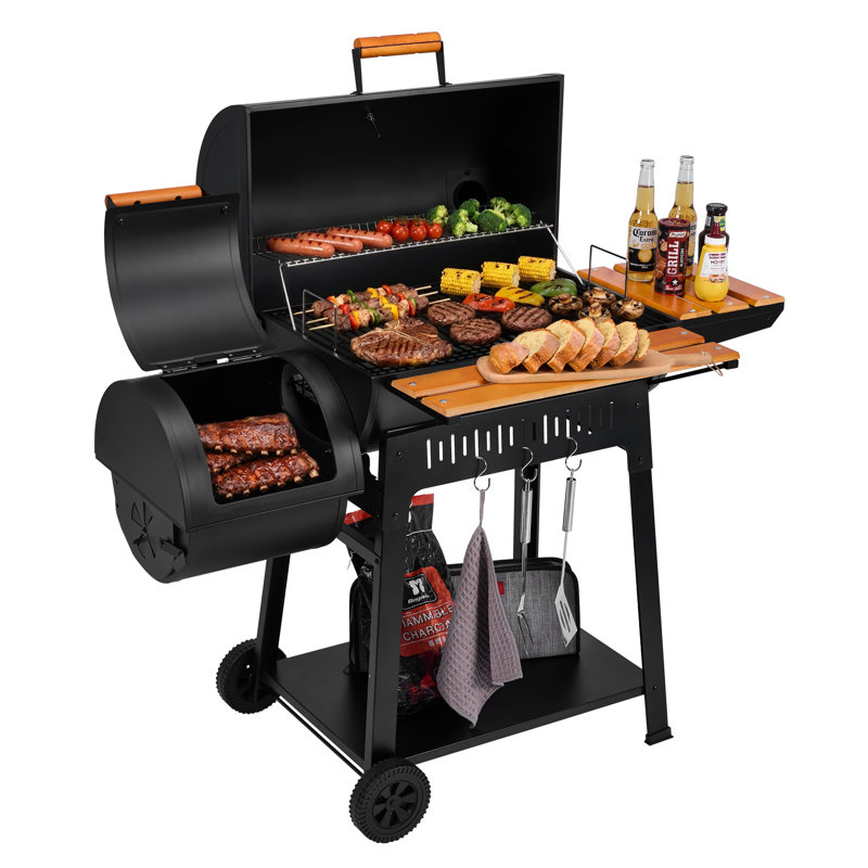 Royal Gourmet 28-inch Heavy Duty Charcoal Grill With Offset Smoker And Wooden Side Shelf, Black