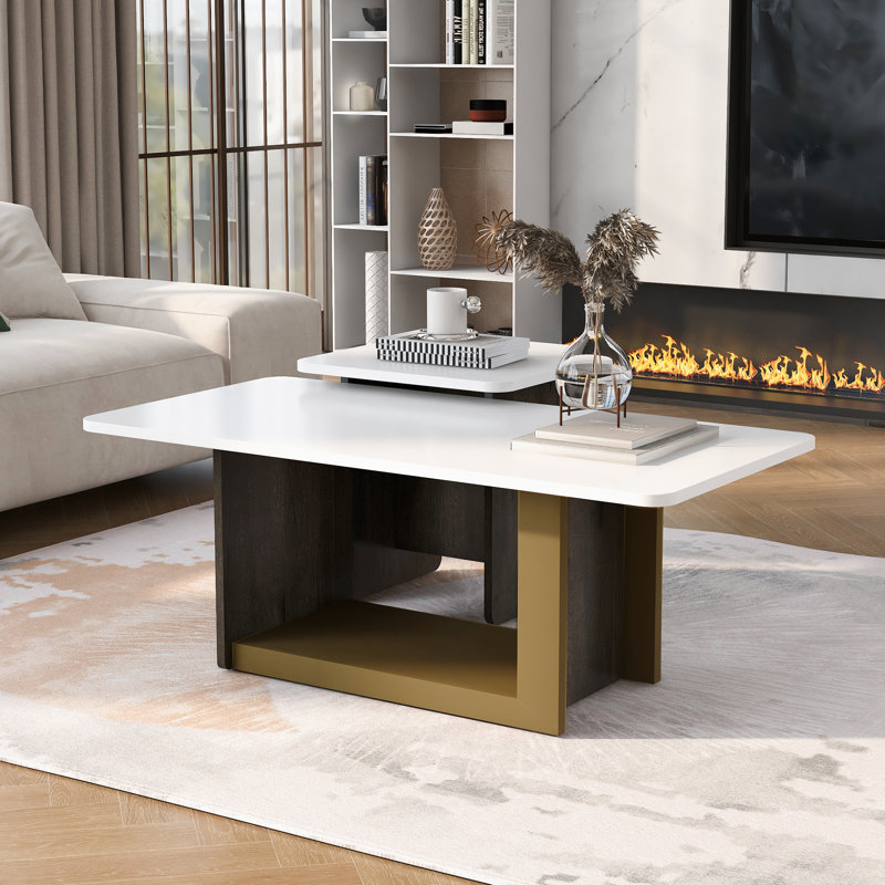 Ensemble de 2 tables basses modernes et luxueuses, petite table basse carrée et centre pour le salon, White / Gold；Black