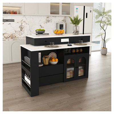 Black MDF Kitchen Island with Extendable Rotating Tabletop and Marble-Veneer Finish