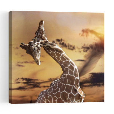 Giraffes Embrace Sunset Abstract Contemporary Giraffe Nature Sunset Wall Art Print by Anna Cseresnjes - Print