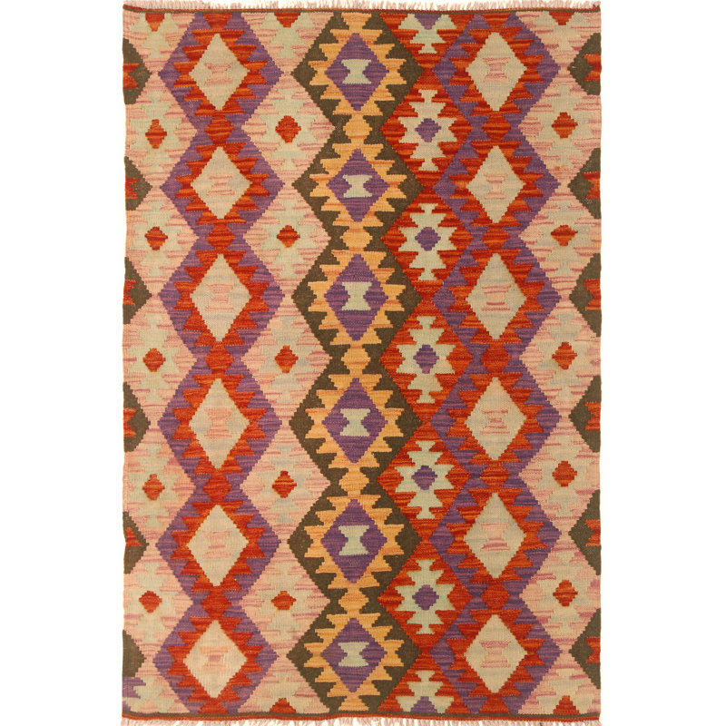Tapis rouge / brun / violet à motif géométrique fait à la main 3 pi 5 po x 5 pi 1 po Sinclair