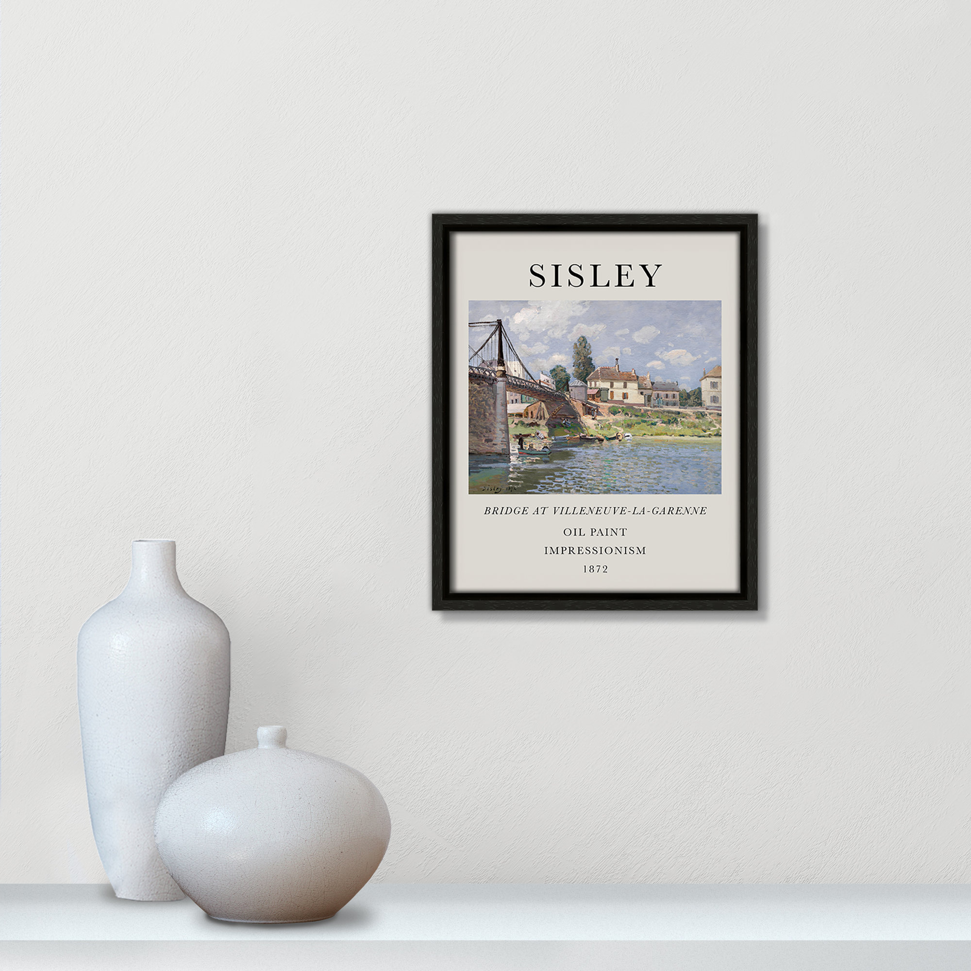 Old Masters Collection " The Bridge At Villeneuve " by Alfred Sisley, 11.5" H x 9.5" W x 2" D, No, Espresso Floater Frame