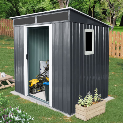 Remise de rangement extérieure en métal 8 pi x 4 pi avec fenêtre et fondation en métal pour la cour, le patio et la pelouse (noir et blanc)