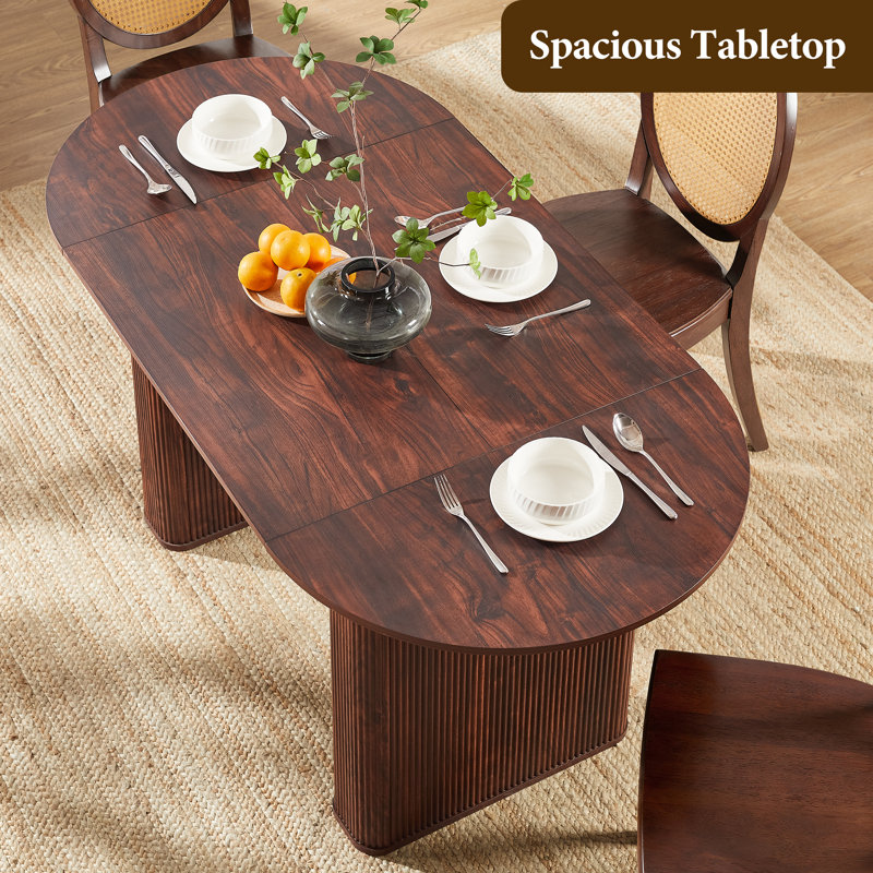 63" Fluted Oval Dining Table Double Pedestal Kitchen Table For 4-6 , Walnut