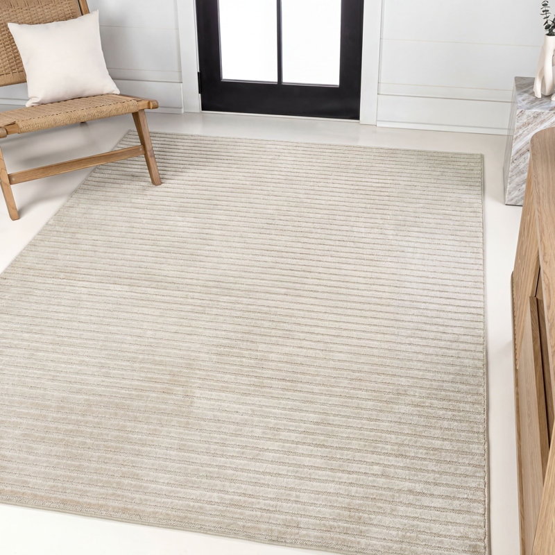 Atricia High-Low Minimalist Scandi Striped Ivory/Cream Indoor/Outdoor Rug, Rectangle 2'11" x 5'