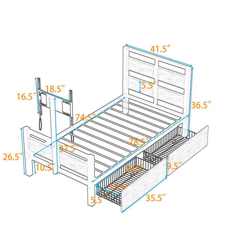 Twin Size Platform Bed with Rotatable TV Stand and Storage Drawers