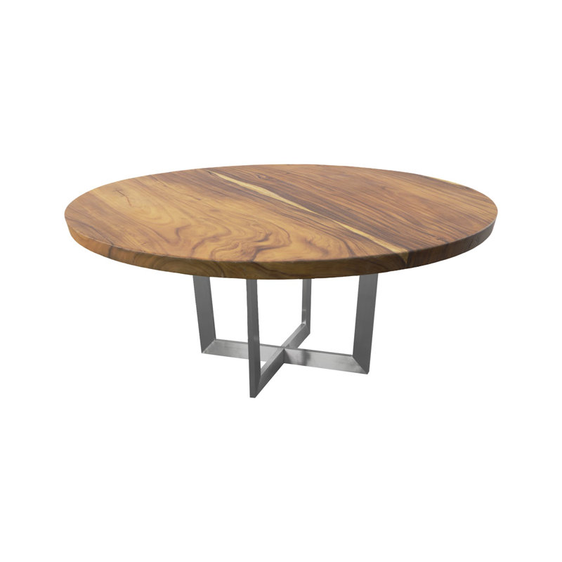 Natural Wood Round Dining Table with Stainless Steel Base, 72"