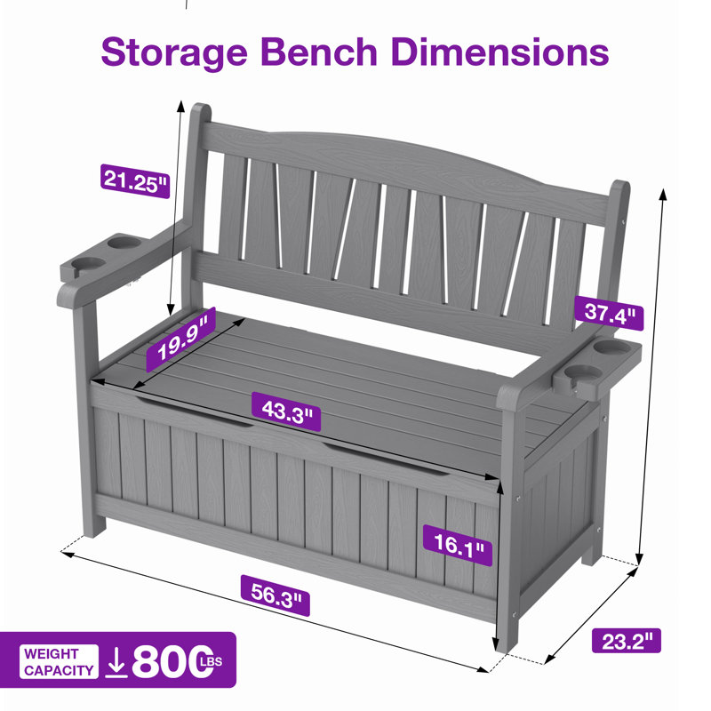 Grand banc de rangement extérieur 43 gallons, siège de patio d'une capacité de 800 lb avec porte-gobelets pliables, coffre de terrasse résistant aux intempéries pour les coussins de jardin et les jouets de piscine, mobilier de jardin, gris