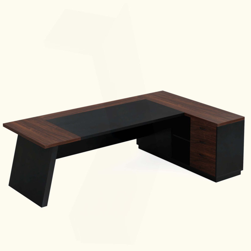 Bureau de direction en L avec classeur et tiroirs, grand poste de travail d'ordinateur moderne avec tablettes de rangement