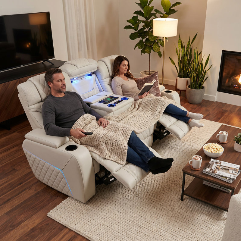 Canapé de rangement inclinable à activation électrique de 85 po de large Swiss, 3 sièges, Crème