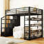 Grand lit mezzanine en métal avec tablettes de rangement, armoires et garde-robe, noir