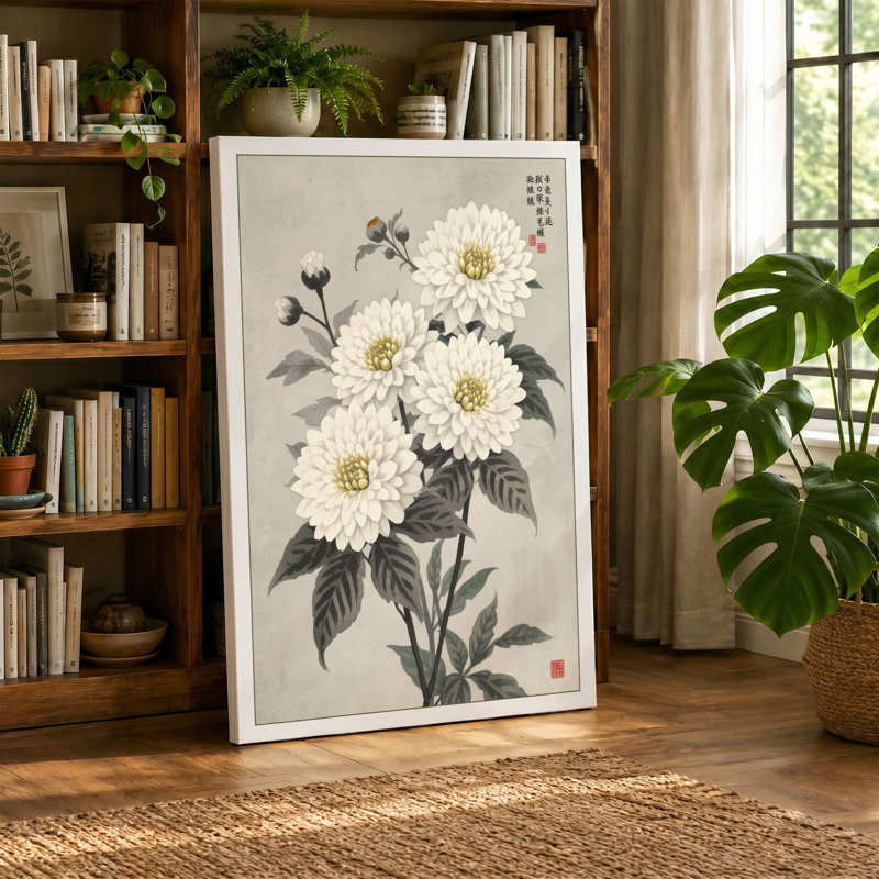 White Chrysanthemums Japandi - Wrapped Canvas, 30x20 - 76.2 x 50.8 cm, Taupe Border