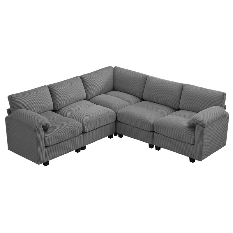 Canapé modulaire 5 places avec accoudoirs coussinés, Chenille grise