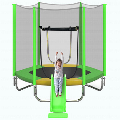 7FT Trampoline For Kids With Safety Enclosure Net, Slide And Ladder, Easy Assembly ,Regular Hexagon Outdoor Recreational Trampoline