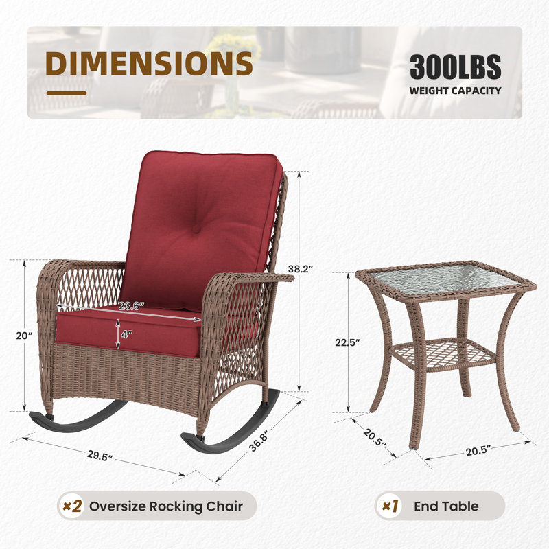 Ensemble 3 pièces de chaise berçante d'extérieur surdimensionnée avec coussins et table d'appoint en verre