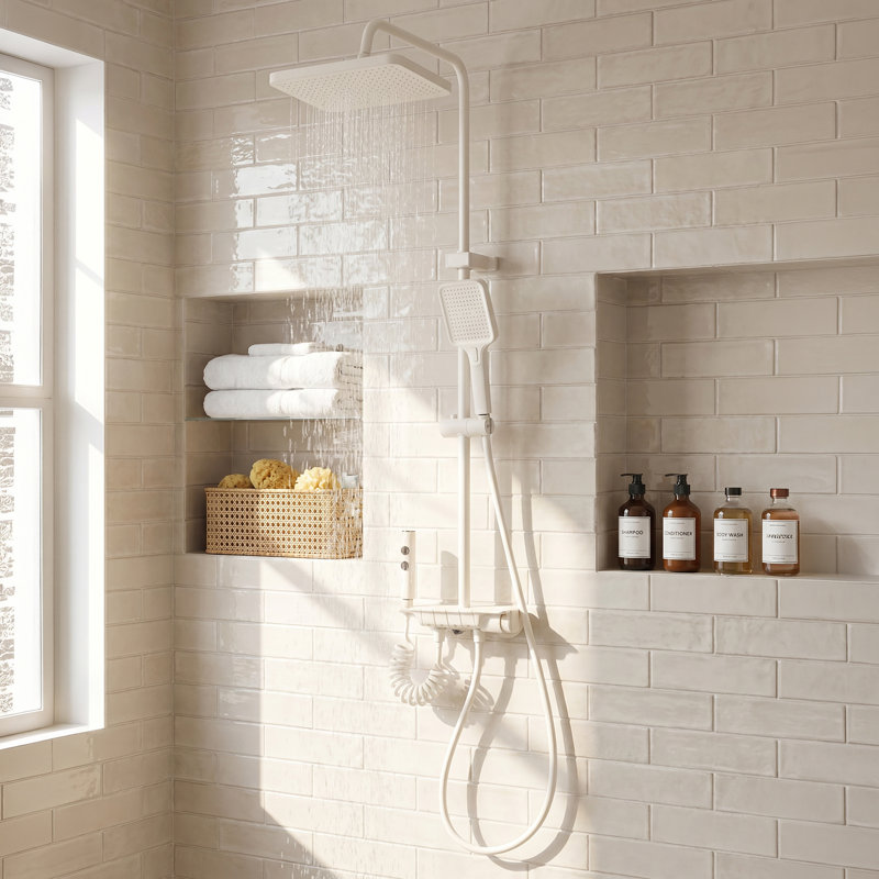 White Painted Aluminum Shower System, 4-Function Shower Faucet Set with 13" Square Rain Shower Head & Handheld Sprayer for Bathroom
