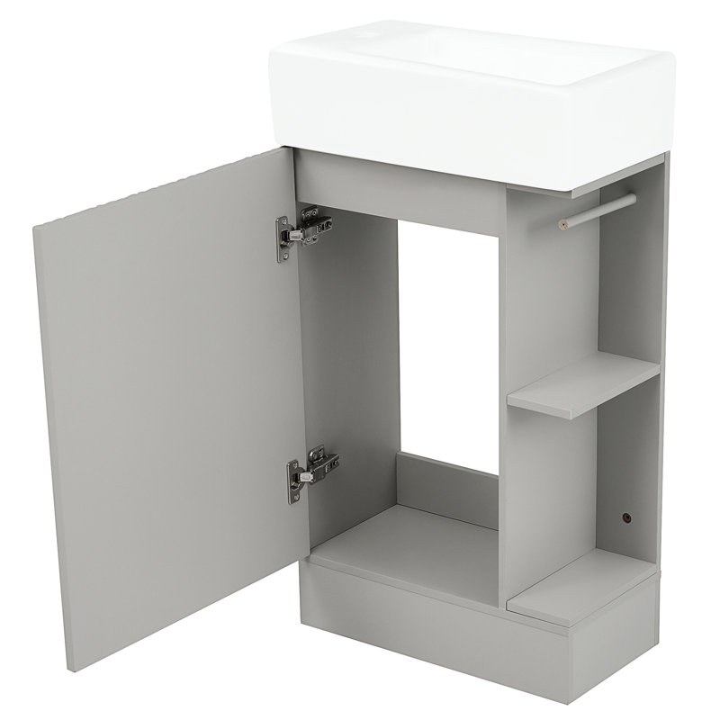 18.6" Bathroom Vanity Cabinet, Grey With Ceramic Sink And Organizing Shelf Modern Vanity, Cabinet Sink, Solid, Gray