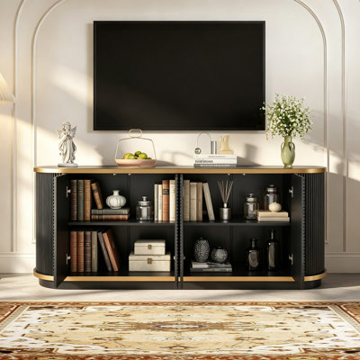 Buffet moderne cannelé à 4 portes de 160 cm avec rangement, plateau en faux marbre, idéal pour la salle à manger ou le salon.