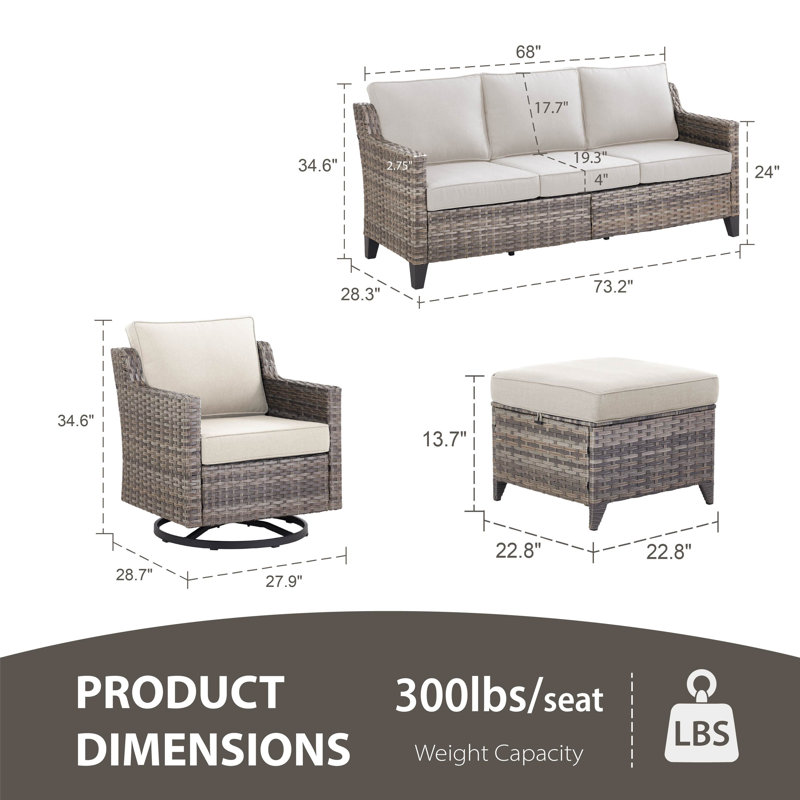 7 - Person Outdoor Wicker Patio Conversation Furniture Sofa Set With Swivel Chairs & Ottomans, Beige